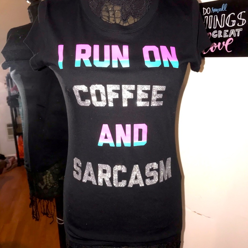 Cute Black Tee-Sz L Run On CoFFee..Glitter Front.